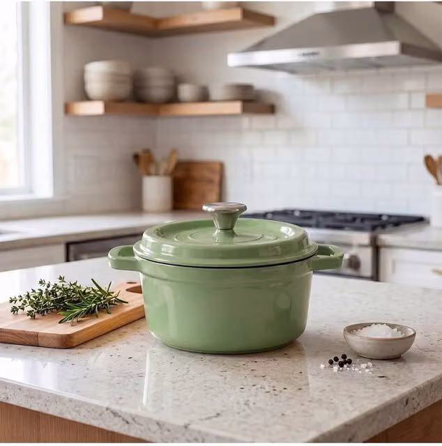 Living and Home Enamelled Cast Iron Dutch Oven Casserole Pot with Glass Lid, Green
