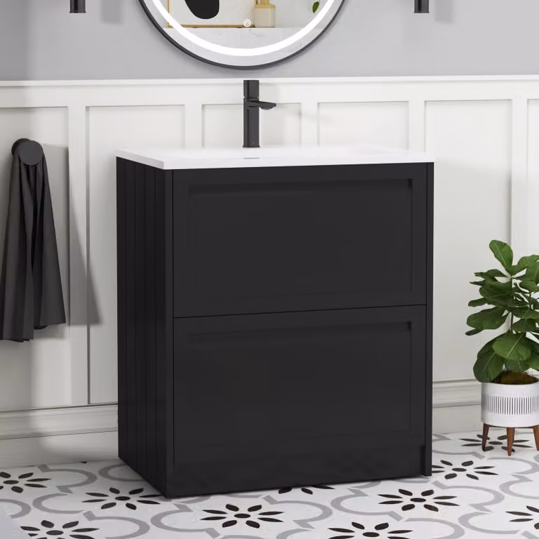 Royal Bathrooms Elmore Traditional Floor Standing 2 Drawer Vanity Unit with Matt Stone Basin, Matt Nocturne Black, Width: 70 cm