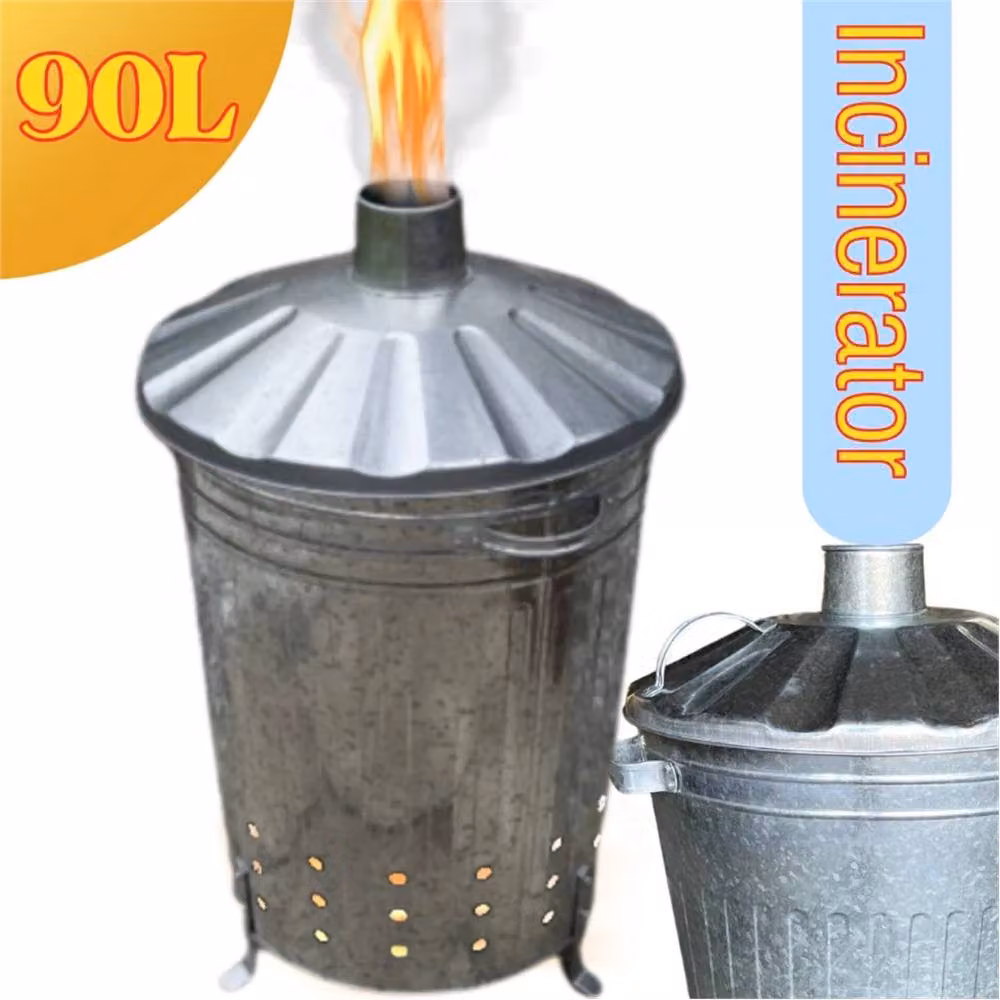 SPETLEK 90L Galvanised Steel Garden Incinerator Rubbish Fire Bin with Flip Lid in Metallic Silver – 2