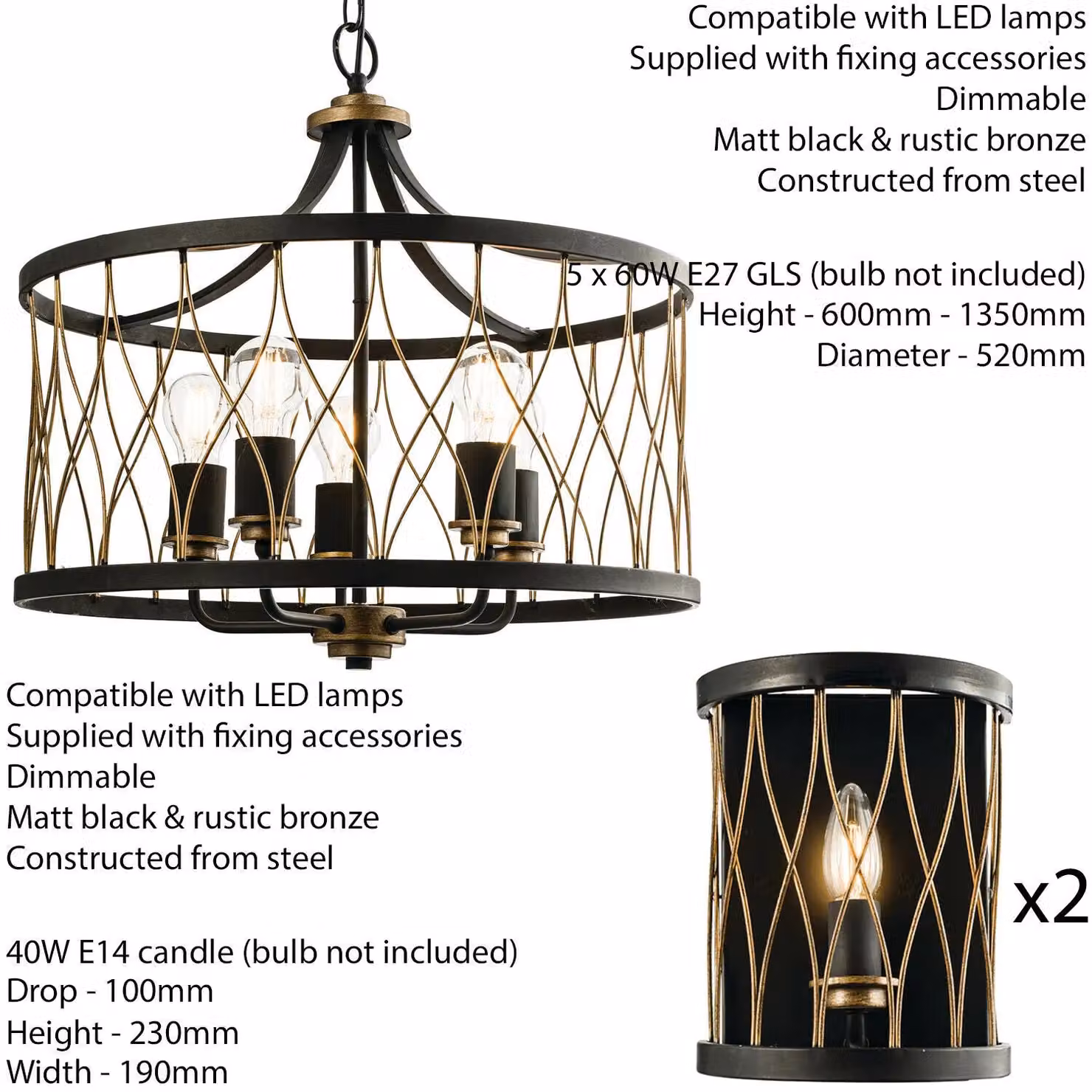 Loops Vintage Bulb Ceiling Lamp and 2x Matching Wall Light Set in Bronze and Black Metal Cage – 2