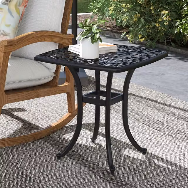 Outsunny Matt Black Metal Outdoor Square Side Table with Umbrella Hole