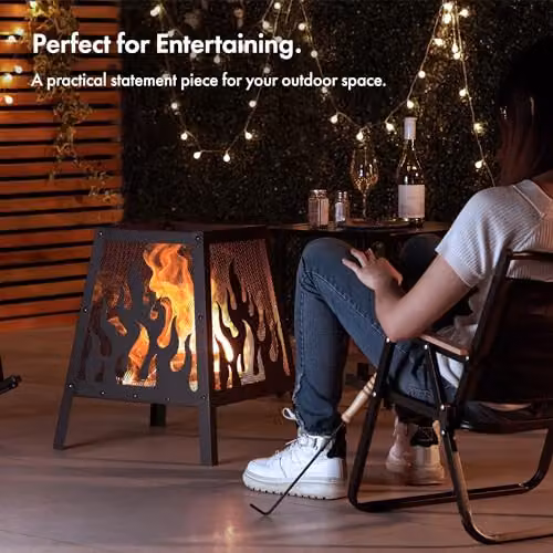 VonHaus Black Steel Fire Pit Bowl with Mesh Guard and Poker – 2