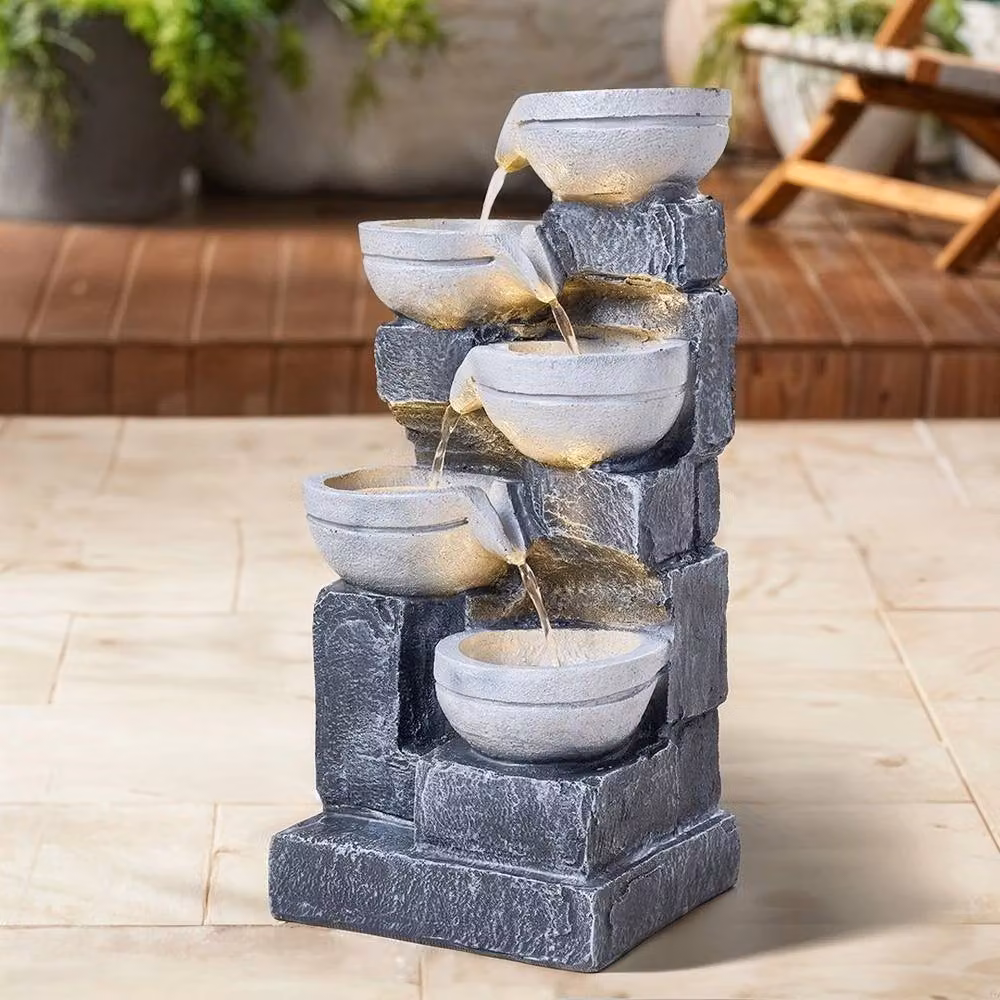 EONLION Electric Floor Standing Stone Cascade Statue Fountain with LED Light, Grey, Height: 100 cm – 3