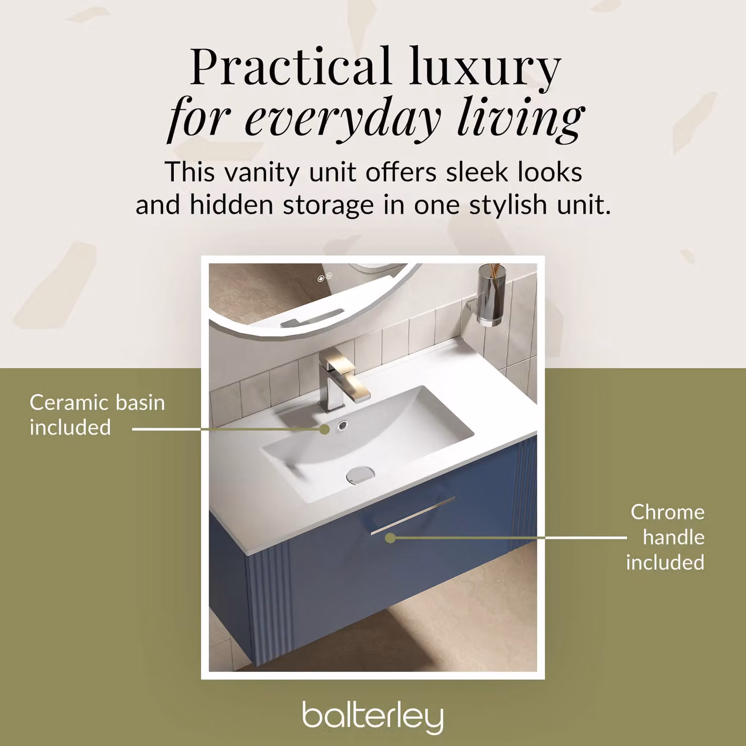 Balterley Wall Hung 1 Drawer Vanity Unit with Minimalist Basin, Satin Blue, Width: 80 cm – 3