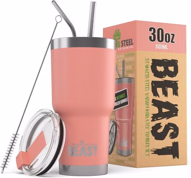 Green Steel Double Walled Stainless Steel Coffee Travel Mug with Lid, Pink, 887.2 ml