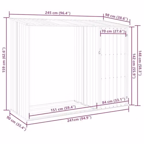 vidaXL Garden Firewood Shed in Brown, Galvanised Steel, W/D/H: 245 x 98 x 159 cm – 3