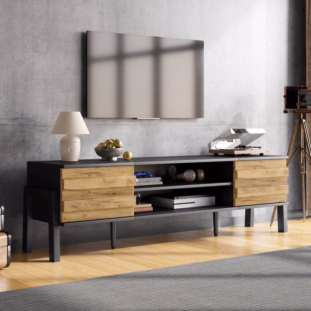 KORVIXA Modern Black TV Stand with 2 Cabinets and Open Shelves – 4
