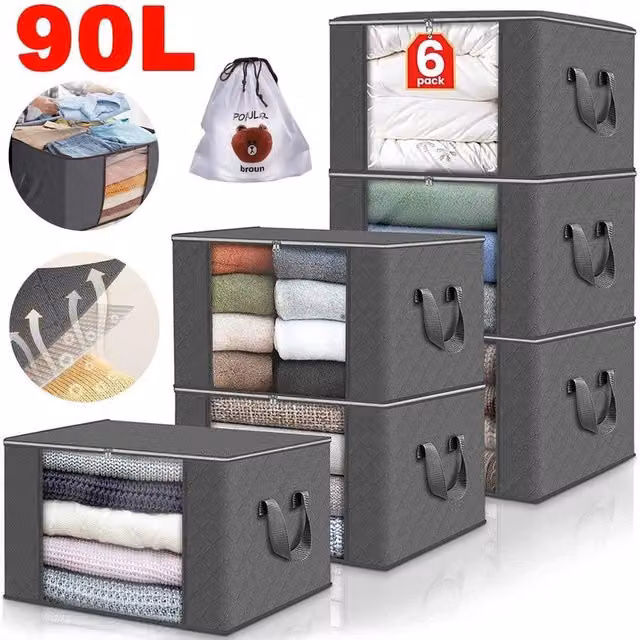 EONLION 6 Pack 90L Zipped Fabric Moving Boxes for Clothes in Grey – 1