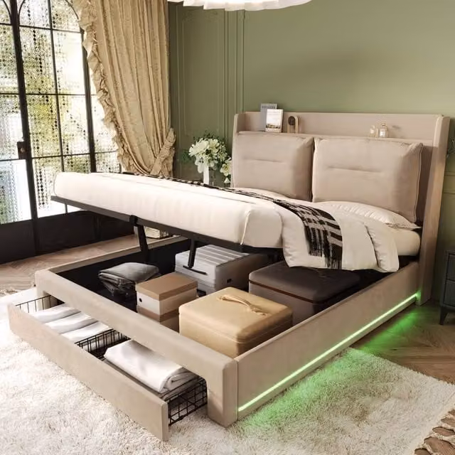 Rolipo Beige Velvet Upholstered Double Bed with Hydraulic Storage and LED Under-Bed Lighting W/D/H: 135 x 190 cm – 1