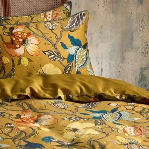 Edinburgh Weavers EW Morton Floral Duvet Set, Ochre, 1000 Thread Count Mako Cotton Sateen Bedding with Duvet Cover 200x220 cm and Pillowcase 50x75 cm – 2