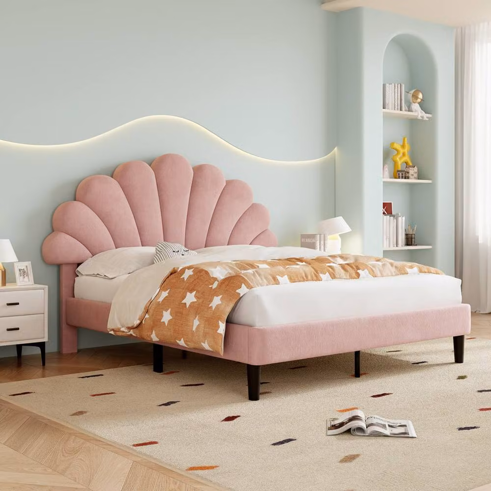 BTM Upholstered Velvet Bed Frame with Adjustable Chic Petal Headboard in Pink, Size: Double (140 x 200 cm) – 2