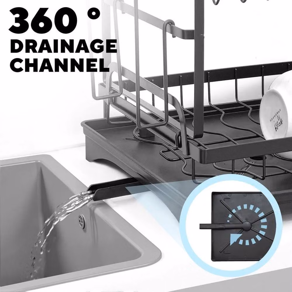 PAWNORA 2 Tier Metal Dish Drying Rack with Cutlery Holder in Black – 3