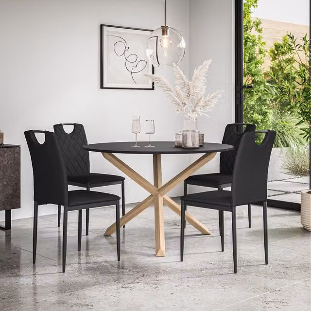 More4Homes Malvern Round Black Dining Table Set with Oak Legs and 4 Monza Faux Leather Chairs, Diameter: 120 cm, Height: 75 cm