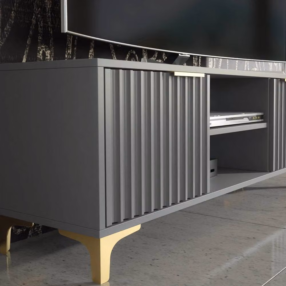 FORGEVIO Modern Grey Fluted TV Unit with Gold Metal Legs – 4