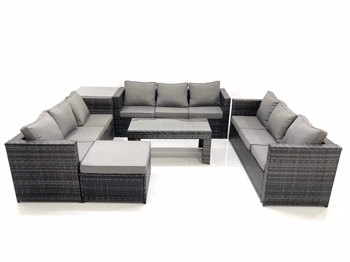 Fimous Dark Grey Rattan Garden Furniture Set with 3-Seater Sofa, Coffee Table and Ottoman – 2