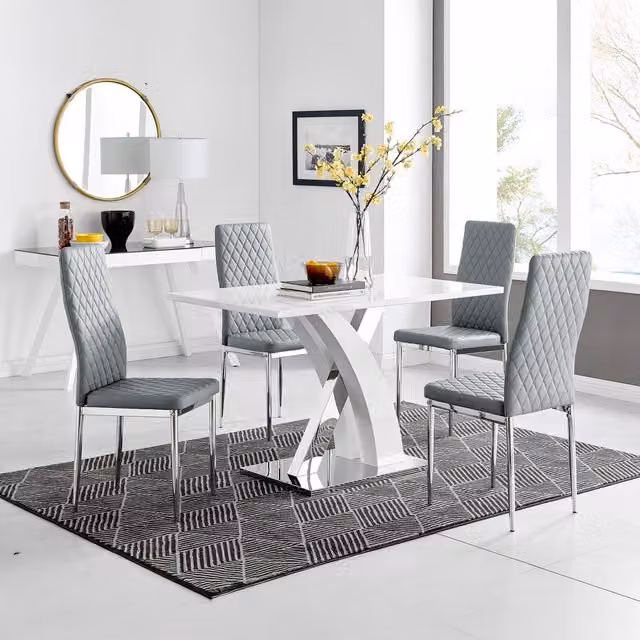 FurnitureboxUK Atlanta White High Gloss Rectangular Dining Table with X-Shaped Legs and 4 Grey Milan Faux Leather Dining Chairs Set – 1