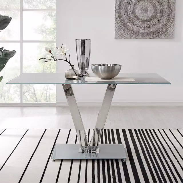 FurnitureboxUK Florini Modern Rectangular Dining Table with Grey Glass and Metal Central Column