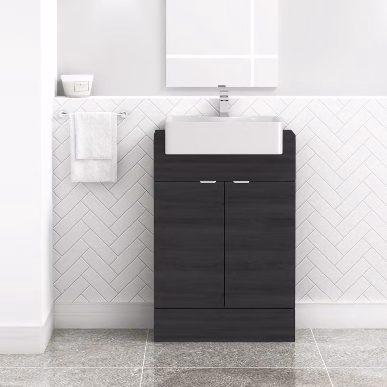 Royal Bathrooms Elena 600mm Floor Standing Bathroom Vanity Unit in Hale Black with 2 Soft Close Doors and Semi Recessed Basin
