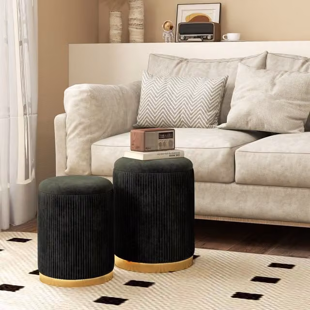 Costway Set of 2 Black Velvet Cylindrical Storage Ottomans