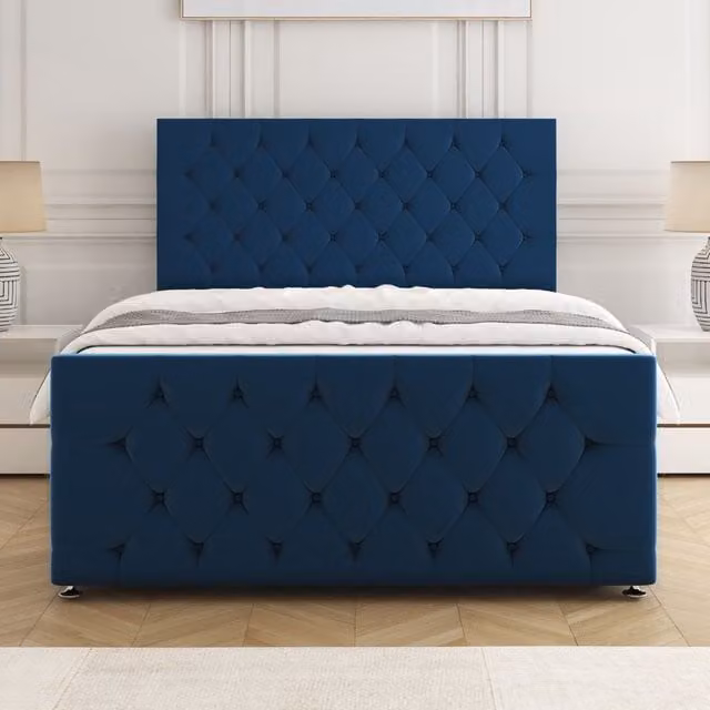 BSSPOKE Maya Double Divan Bed Set with 24 inch Headboard and Mattress in Blue Plush Velvet – 1