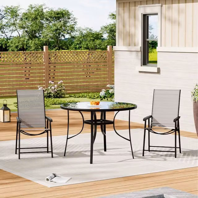 Livingandhome Modern Round Glass Garden Table and 2 Chairs Set in Black and Transparent