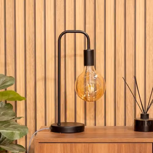 ValueLights Pair of Industrial Style Black Metal Curved Stem Bedside Table Lamps with LED Bulbs – 2