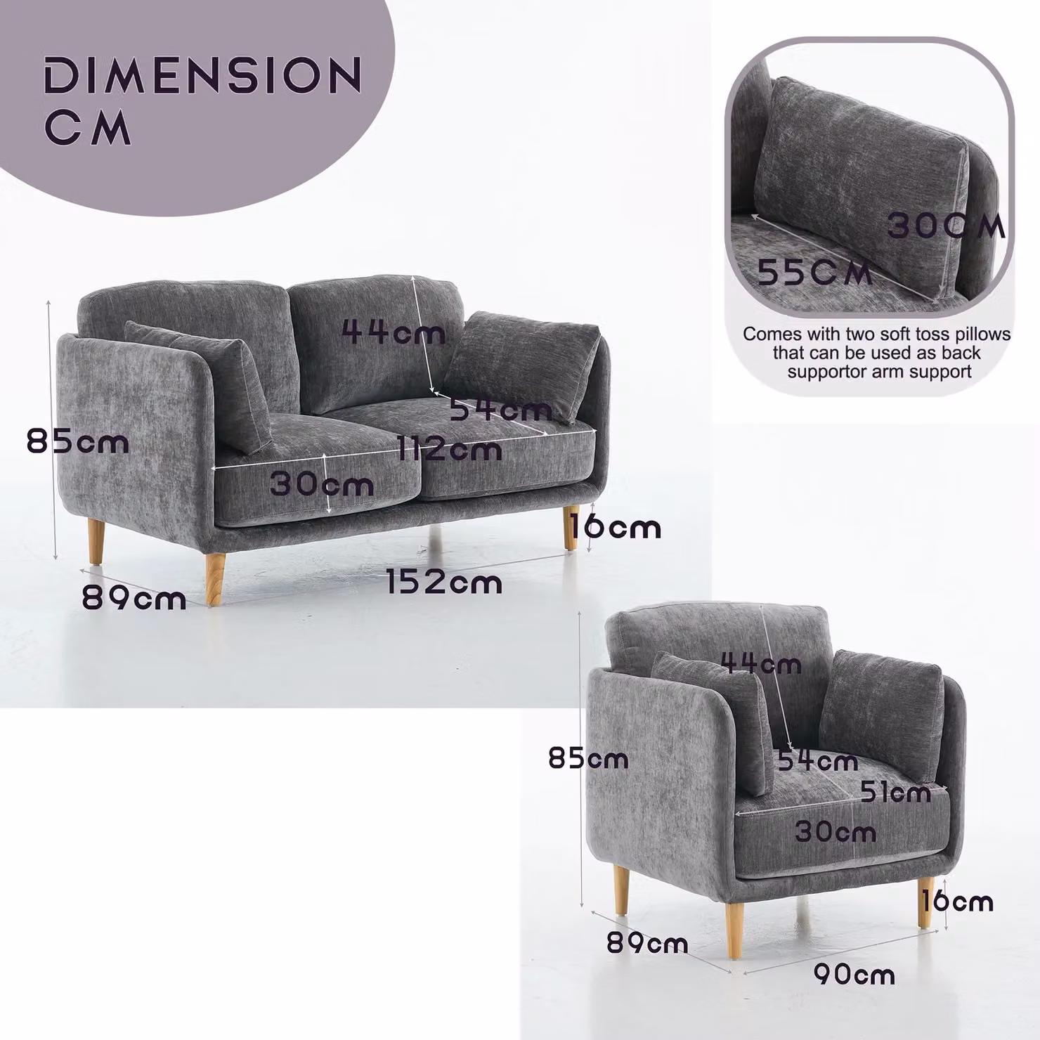 FURNITURE ONE Grey Velvet Upholstered Sofa Set with 3-Seater and 2-Seater Sofas and Scatter Cushions – 2
