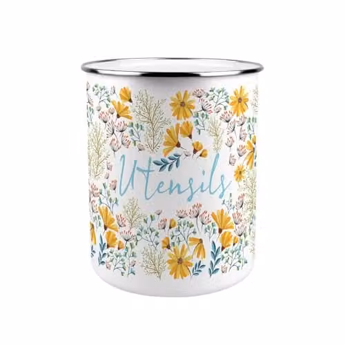 Purely Home Yellow and White Daisies Metal Utensil Holder, W: 18 cm, D: 16.5 cm, H: 16.5 cm