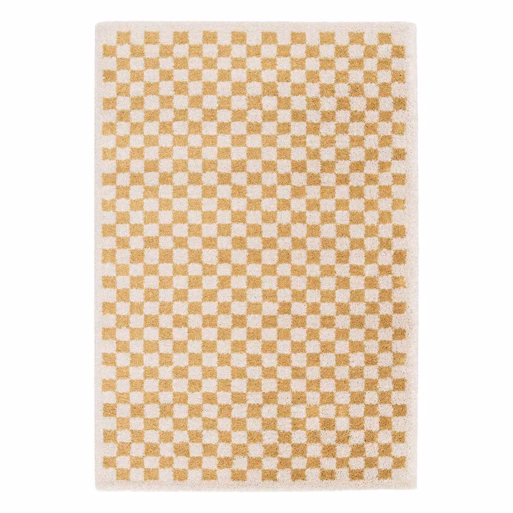 sweeek Mustard Yellow and Cream Checkerboard Modern Rectangular Rug W: 200 cm, D: 290 cm – 2