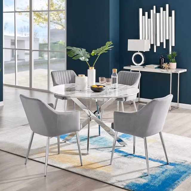 FurnitureboxUK Novara White Marble Effect Round Dining Table and 4 Calla Silver Leg Chairs in Grey