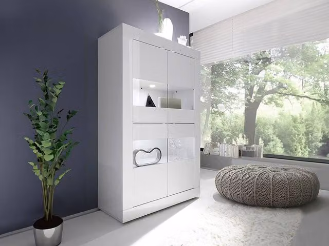 Vente-unique COMETE Modern Lacquered White Display Cabinet with 4 Glass Doors and Integrated LED Lighting, W/D/H: 162 x 43 x 47 cm