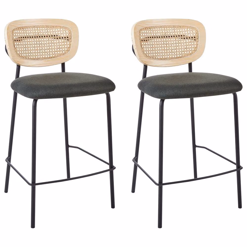 Wyld and Coco Viennese Rattan Bar Chairs Set of 2 with Dark Green Fabric Upholstery and Natural Wood Finish – 2