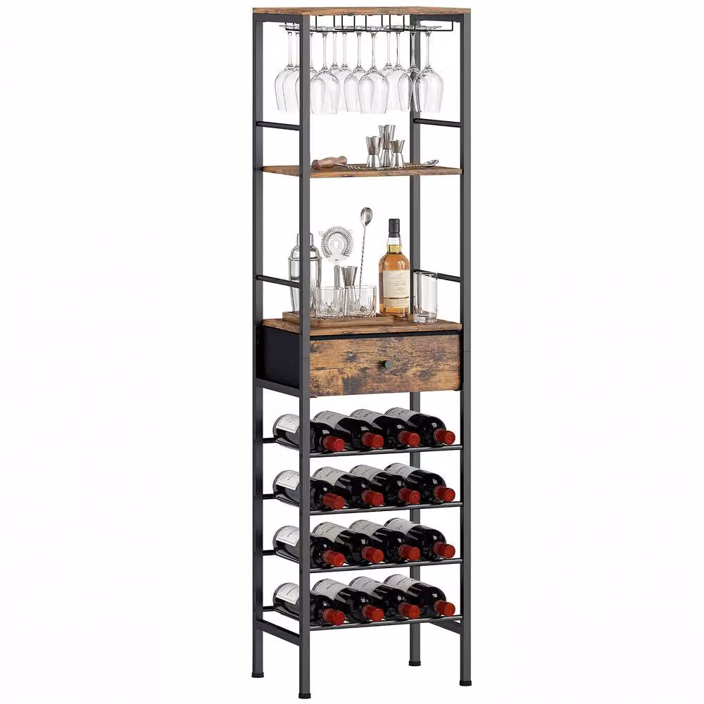 HOMCOM Industrial Wine Bar Cabinet in Rustic Brown with 16-Bottle Rack and Glass Holder – 2