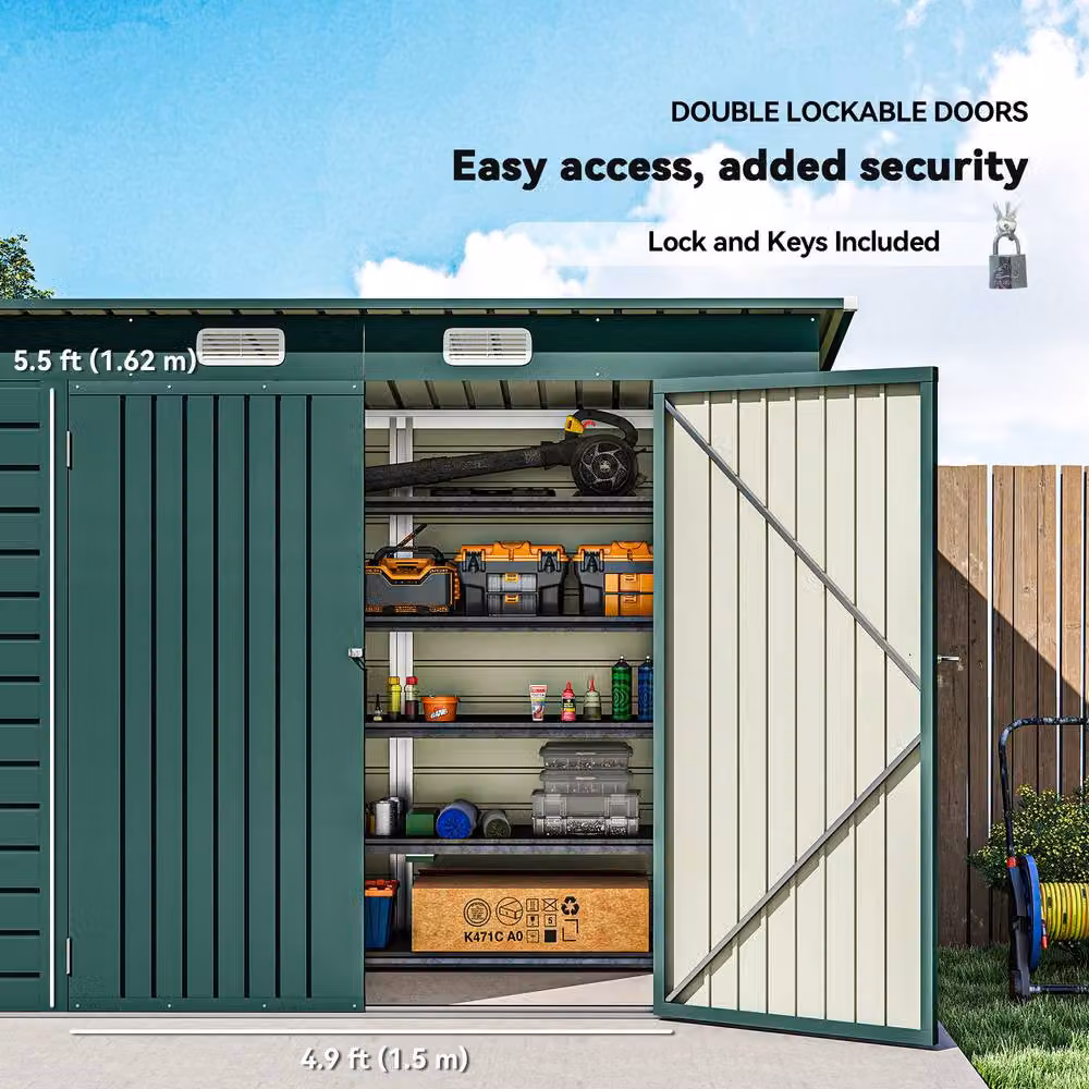 Rolipo Green Galvanised Steel Garden Shed with Lockable Double Doors, W/D/H: 112.776 x 237.7 x 112.776 cm – 7