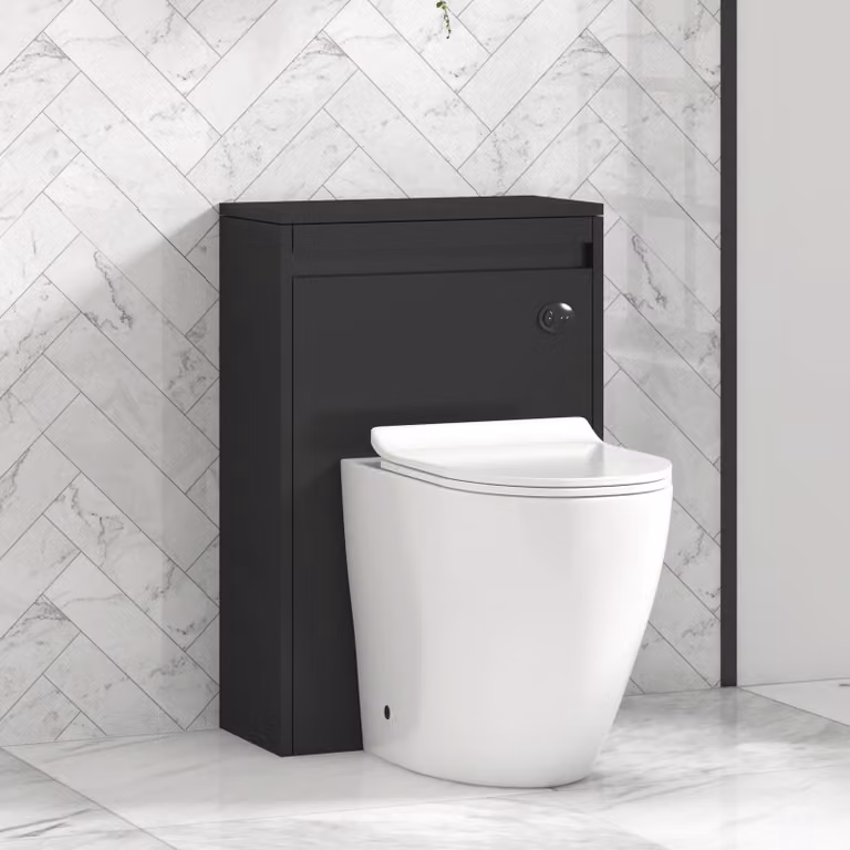 Royal Bathrooms Orion 540mm Matt Obsidian Black BTW WC Unit with Elva Rimless Short Projection Ceramic Toilet Pan, Slim Soft Close Seat and Cistern with Black Accent Trim