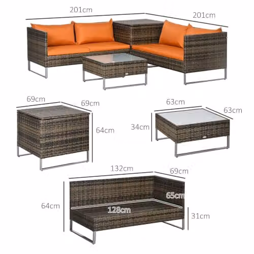 Outsunny 4 Seater L-Shape Rattan Garden Furniture Set with Storage Table and Cushions in Orange – 4