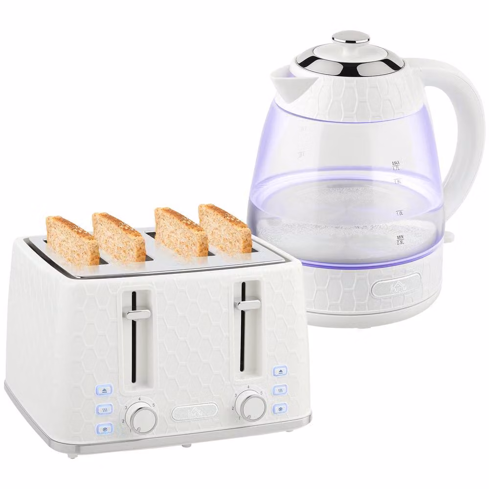 HOMCOM Kettle and Toaster Set in Beige and White with Glass Elements – 2