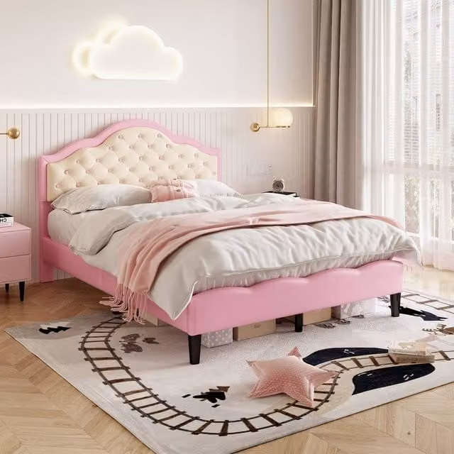 BTM Pink and Beige Upholstered Single Bed with Faux Leather Finish, W/D/H: 90 x 200 cm