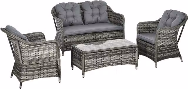 Outsunny 4 Piece Grey Rattan Outdoor Furniture Set with Cushions and Coffee Table – 1