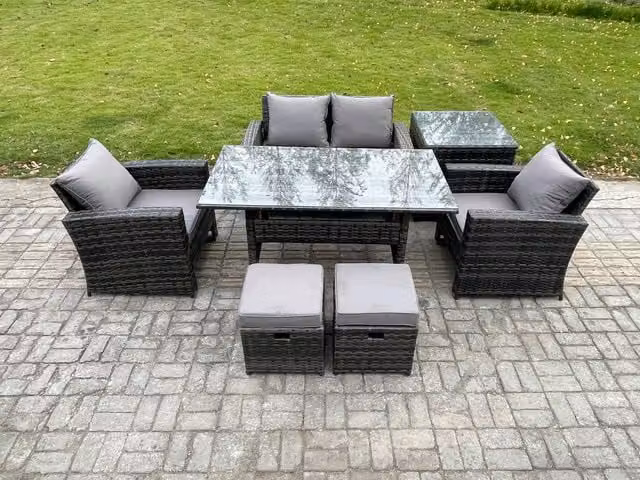 Fimous Dark Grey PE Wicker Rattan Outdoor Garden Furniture Set with Rectangular Dining Table and Lounge Sofa