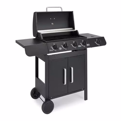 VonHaus Black Gas BBQ with 4+1 Burners, Side Burner, Warming Rack, Thermometer and Storage Cart