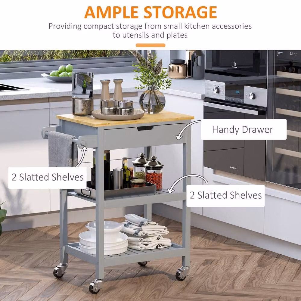 HOMCOM Grey Kitchen Trolley Utility Cart with Rubberwood Worktop, Towel Rack and Drawer – 3