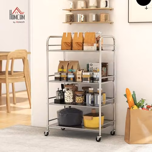 HOMCOM 4 Tier Stainless Steel Storage Trolley with Adjustable Shelves and Castors, Silver, W: 60.0 cm, D: 35.0 cm, H: 100.0 cm – 2