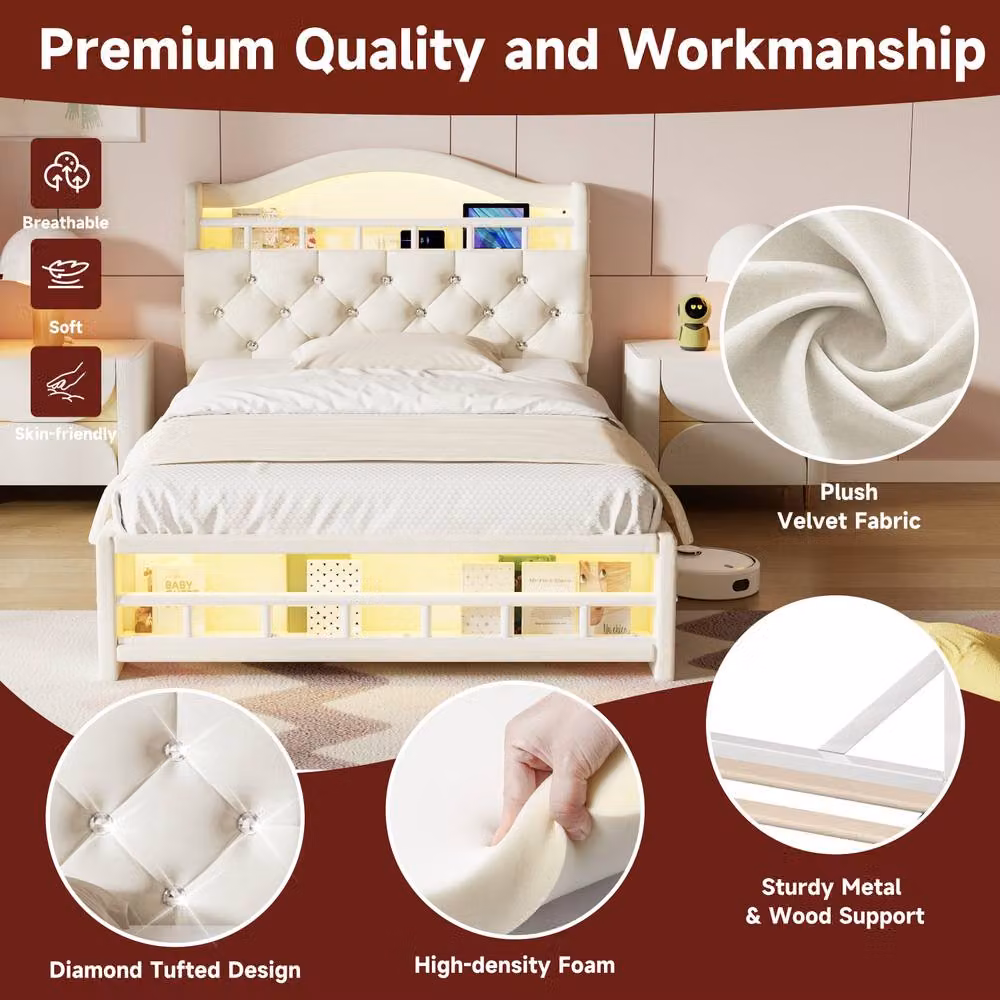 Merax Single Upholstered Velvet Bed Frame in Beige with LED Lighting, USB Charging Port and Side Compartments, W/D/H: 90 x 190 x 117 cm – 2