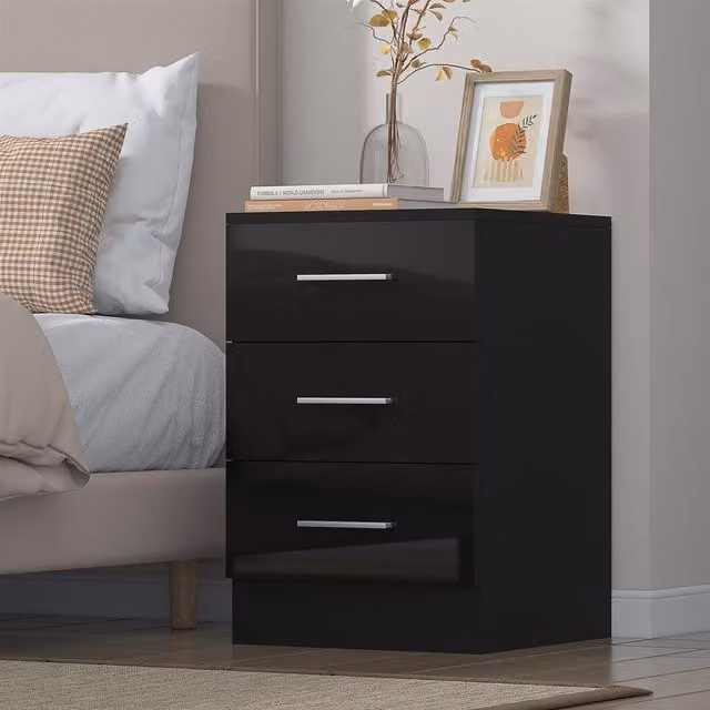 REFLECT 3 Drawer Bedside Cabinet in Black High Gloss and Black Oak Matt Finish