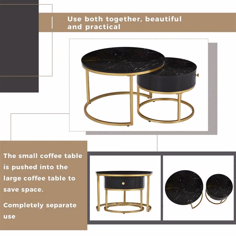 KORVIXA Marble Look Stacking Side Tables with Storage Drawer in Black, W/D/H: 100 x 100 x 48 cm – 3
