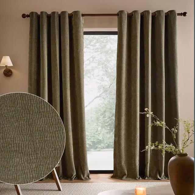 Yard Heath Green Washed Velvet Eyelet Curtain Pair, Width: 229 cm, Drop: 229 cm