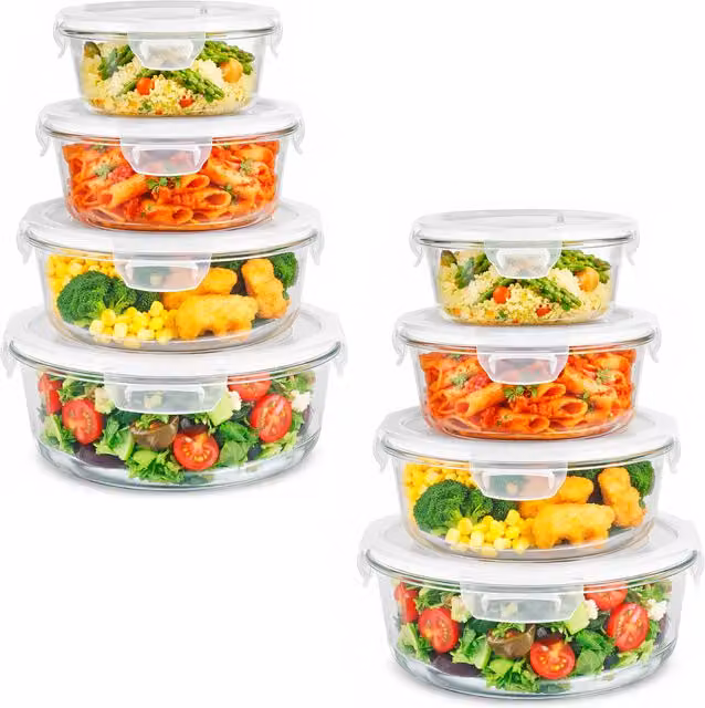 Innoteck Set of 8 Airtight and Leakproof Glass Food Storage Containers with Plastic Lids, Transparent, 1.3 l each