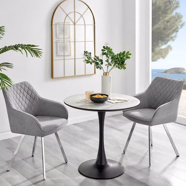 FurnitureboxUK Elina White Marble Effect Round Dining Table and 2 Falun Silver Leg Chairs in Light Grey