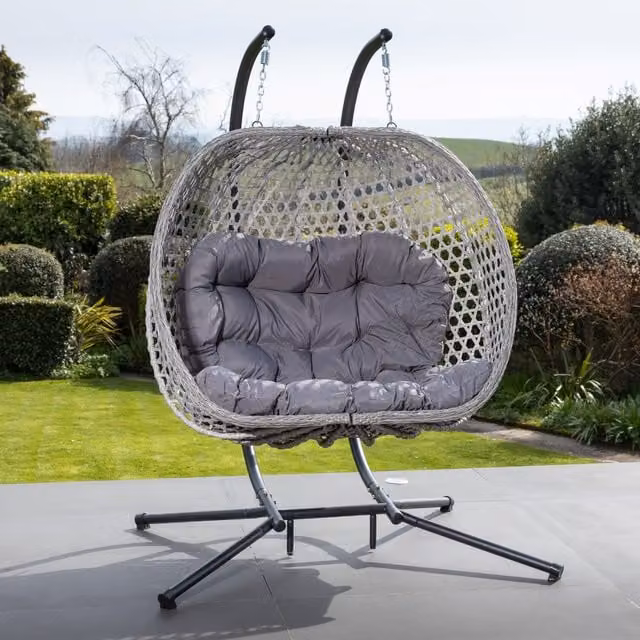 Artemis Home Modern Polyrattan Double Garden Swing Seat with Weatherproof Cushions in Grey